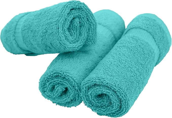 Luxury Hotel & Spa Towel Turkish Cotton Washcloths - Aqua - Dobby Border - Set of 6