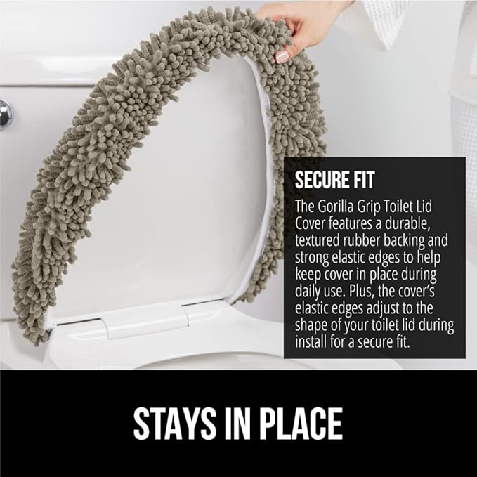 GORILLA GRIP Soft Chenille Bathroom Toilet Lid Cover, Machine Washable Seat Covers, 19.5x18.5, Stays in Place Rubber Backing, Fits Most Round, Elongated and Oblong Lids, Accessories Decor, Latte