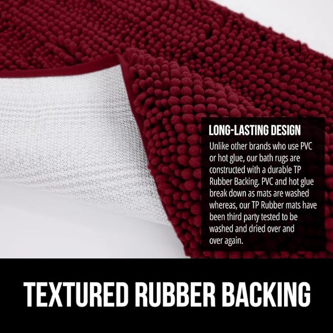 GORILLA GRIP Bathroom Rug Sets 3 Piece, Bath Mat Set and Oval Toilet Base with Rubber Backing, Plush Absorbent Shaggy Chenille Washable Mats, Includes 24x19.5, 24x17 and 36x24 Inch Rugs, Burgundy