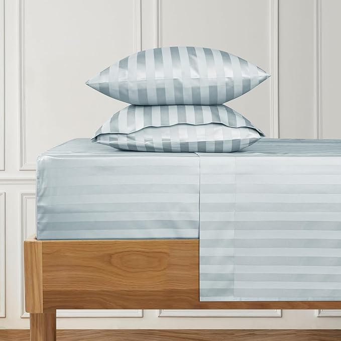 URBANHUT 1000 Thread Count Damask Striped California King Sheet Set Egyptian Cotton, Long Staple Soft & Breathable, 4 Pc Bed Sheet Sets, Luxury Hotel Sateen Sheets Fits 16" Deep Pocket - Light Blue