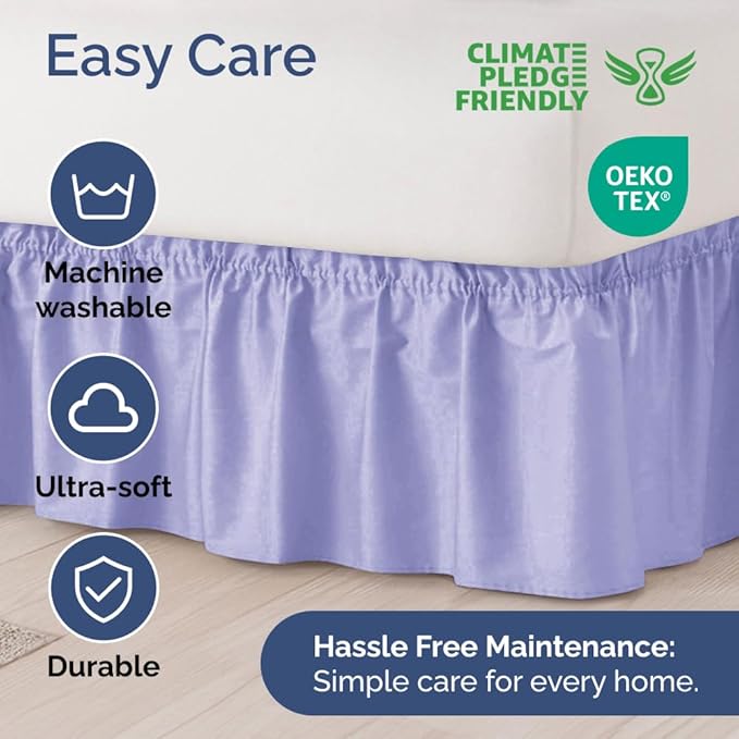 Wrap Around Dust Ruffle Bed Skirt - Lavender - for Queen Size Beds with 12 Inch Drop - Elastic Strap - Adjustable Pleated Bedskirt with Brushed Fabric and Wrinkle Free - for Women, Men, Kids & Teens