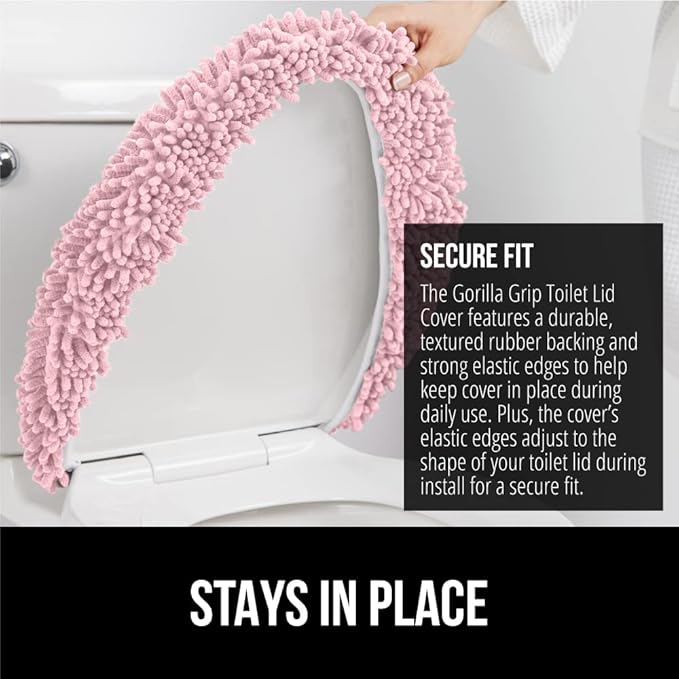 GORILLA GRIP Soft Chenille Bathroom Toilet Lid Cover, Machine Washable Seat Covers, 19.5x18.5, Stays in Place Rubber Backing, Fits Most Round, Elongated and Oblong Lids, Accessories Decor, Light Pink
