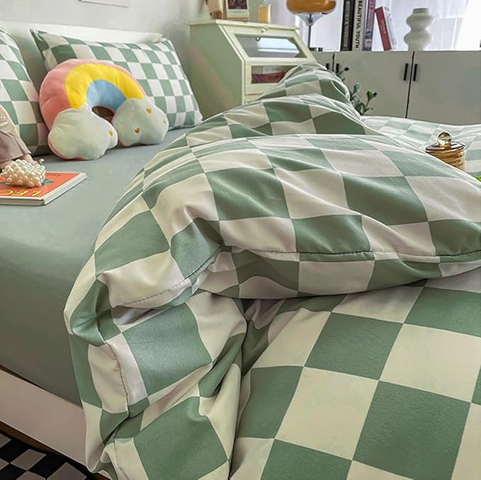 KAREVER Green White Grid Comforter Set King Sage Green Plaid Bedding Set Women Light Green White Checkered Bed Set Breathable Blanket Set Men Durable Bedding Comforter Set