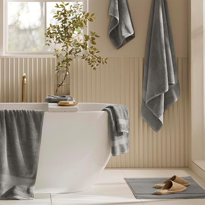 BOLL & BRANCH Plush Bath Sheet Set - Stone - 6 Piece - Includes 2 Oversized Bath Sheets, 2 Hand Towels & 2 Washcloths - 100% Organic Cotton - Ultra Soft & Luxurious - Quick Absorbing
