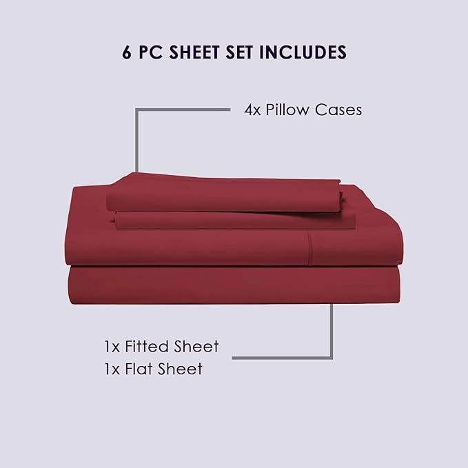Pizuna Pure 100% Cotton Sheets 6pc Queen Size, 800 Thread Count Long Staple Cotton Crisp Sateen Sheets 6pc Queen with 15" Deep Pocket (Combed Rio Red Cotton Sheets 6pc Queen)