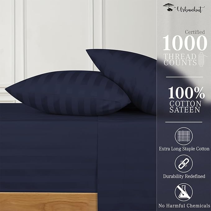URBANHUT 1000 Thread Count Damask Striped Twin Size Egyptian Cotton Sheets, Long Staple Soft & Breathable, 4 Pc Bed Sheet Sets, Luxury Hotel Sateen Sheets Fits 16" Deep Pocket - Navy Blue