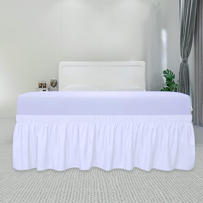 PureFit Wrap Around Ruffled Bed Skirt with Adjustable Elastic Belt - 14 Inch Drop Easy to Put On, Wrinkle Free Bedskirt Dust Ruffles, Bed Frame Cover for Queen, King and C-King Size Beds, White