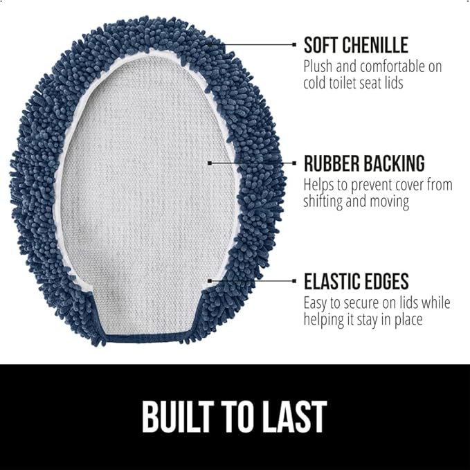 GORILLA GRIP Soft Chenille Bathroom Toilet Lid Cover, Machine Washable Seat Covers, 19.5x18.5, Stays in Place Rubber Backing, Fits Most Round, Elongated and Oblong Lids, Accessories Decor, Navy Blue