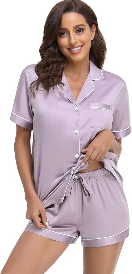 Women's Satin Pajama Set 2-Piece Sleepwear Loungewear Button Down Short Sleeve Silky PJ Set