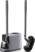 HAMITOR Toilet Plunger Bowl Brush Combo：Heavy Duty Rubber for Drain Clog Remover - Curved Design Bristles for Deep Cleaning Under Rim - Compact Bathroom Cleaning Tools for New Homet Essentials -Gray