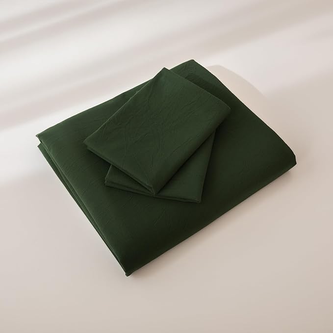 JIYUAN 100% Washed Cotton Duvet Cover Set 3 Pieces Oversized Queen, 1 Duvet Cover 98x98 Inches(Comforter Not Included) and 2 Pillowcases,Linen Feel Bedding Set Comfy and Breathable,Forest Green