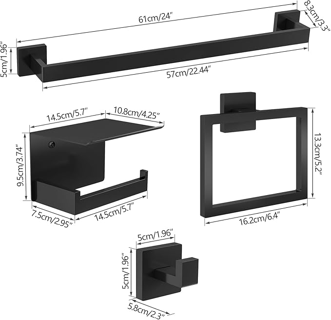 10-Piece Matte Black Bathroom Hardware Accessories Set, 24 inch Towel Bar, Stainless Steel Towel Racks for Bathroom, Bath Towel Bar Set Wall Mounted