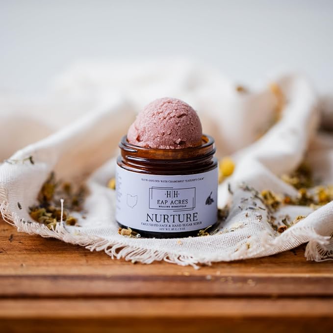 Emulsified Face Sugar Scrub, Organic squalane oil/Castor oil: infused Chamomile, Kokum Butter, Purple Clay, Colloidal Oatmeal, Manuka Honey-Gentle exfoliant: Dry/Sensitive/Acne-Prone (NURTURE)