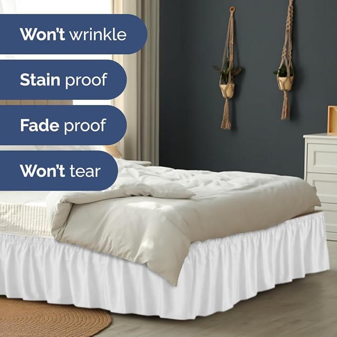 Wrap Around Dust Ruffle Bed Skirt - White - for King Size Beds w/ 16 Inch Drop - Easy Fit Elastic Strap - Adjustable Pleated Bedskirt w/Brushed Fabric, Wrinkle & Fade Free Women, Men, Kids & Teens