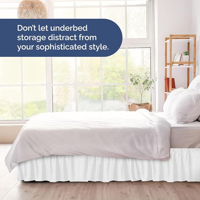 Wrap Around Dust Ruffle Bed Skirt - White - for Full Size Beds w/ 16 Inch Drop - Easy Fit Elastic Strap - Adjustable Pleated Bedskirt w/Brushed Fabric, Wrinkle & Fade Free Women, Men, Kids & Teens