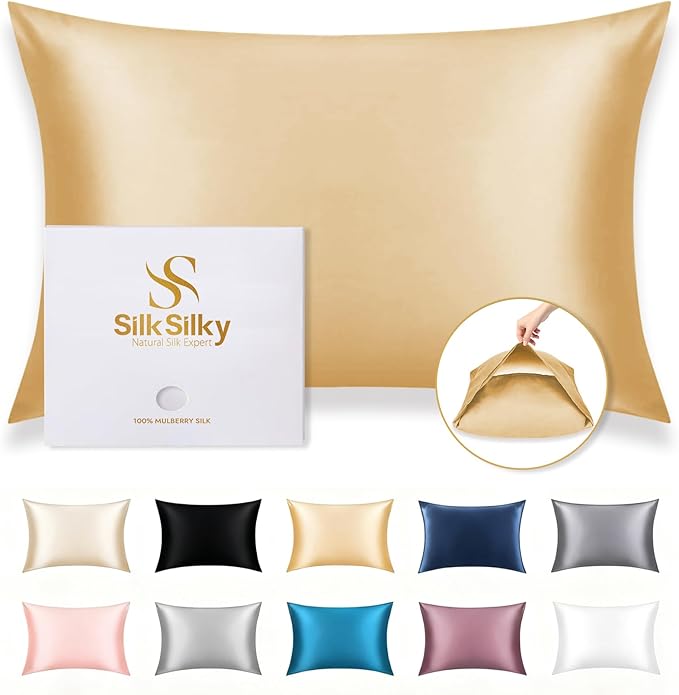 SilkSilky 100% Mulberry Silk Pillowcase - Pure 22 Momme High-Grade 6A Fibers for Hair & Skin, Envelope Closure, Natural, Organic, Breathable & Cooling Pillow Case (King, Champagne)