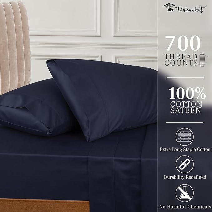 URBANHUT 700 Thread Count Full Size Egyptian Cotton Sheets, 4Pc Sheet Set Soft Luxury Bed Sheets for Full Size Bed, Sateen Weave Hotel Sheets, 14'' Elasticized Deep Pocket - Navy Blue