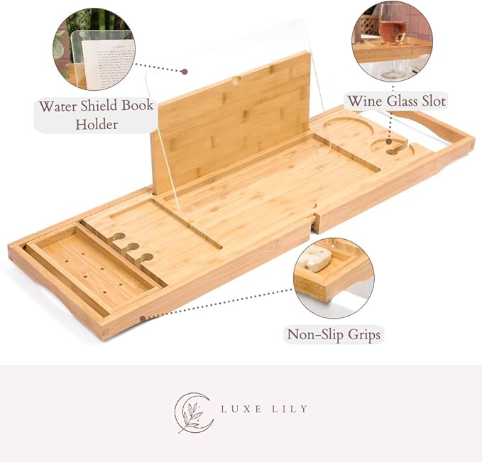 Waterproof Shield Keeps Your Book Open – Extendable Bamboo Bathtub Tray with Wine Glass Holder Protects from Drips and Splashes - Luxury Bath Tub Caddy Tray for Relaxing in The Bathtub