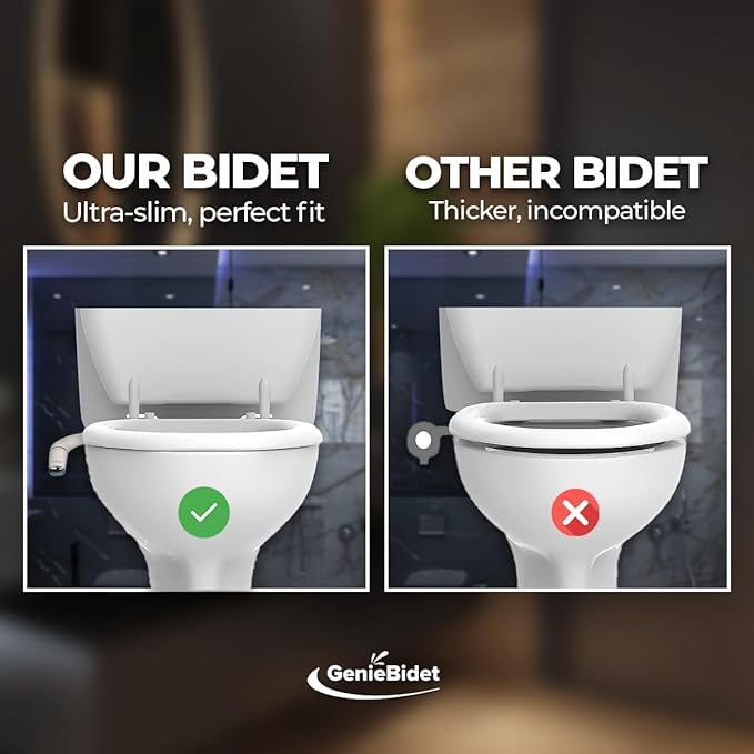GenieBidet Bidet Attachment for Toilet, Ultra-Slim Self Cleaning Toilet Bidet with Separate Rear & Feminine Cleansing Nozzles, Includes Travel Bidet & 4 Accent Rings (Right-Handed)