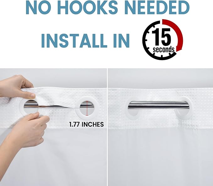 White No Hook Shower Curtain with Snap in Liner,230GSM Waffle Weave Shower Curtains for Bathroom,71W x 74H
