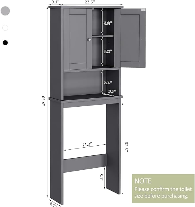 Meilocar Over The Toilet Storage Cabinet, Bathroom Storage Cabinet Over Toilet with 2 Wood Doors, Freestanding Space Saver, Adjustable Shelf & Open Shelf, Grey