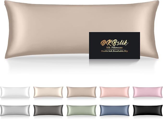 Silk Body Pillow Cases, Mulberry Silk Body Pillow Cover with Zipper, Smooth, Anti Acne, Cooling Sleep Both Sides Natural Silk Satin 20x54 Body Pillowcase, Gifts for Women Men, Champagne