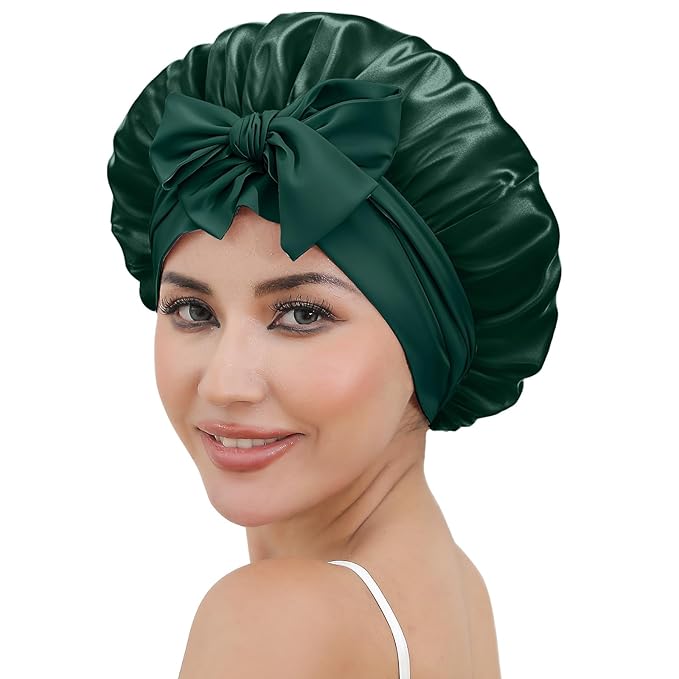 ZIMASILK 100% Mulberry Silk Bonnet for Sleeping Women Long Hair Double Layer Silk Hair Wrap with Tie Band Stay On Head (1Pc, Blackish Green)