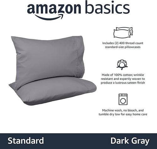 Amazon Basics 400 Thread Count Cotton Pillow Case, Standard, 30" L x 20" W, Dark Gray - Set of 2