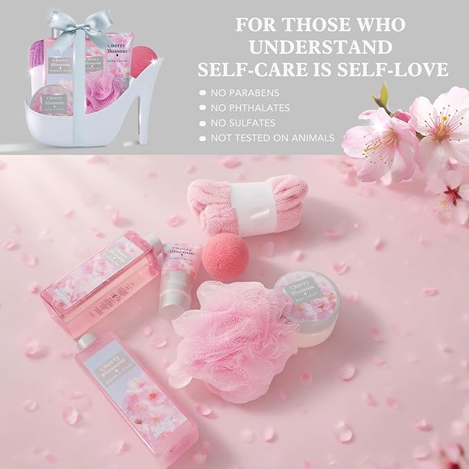 Cherry Blossom Christmas Gifts for Women Spa Basket, High Heel Bath Set with Shower Gel & Bath Bombs, Mother's Day Birthday, Anniversary Gifts for Mom, Sister, Bestie