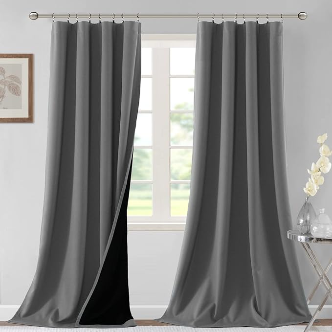 H.VERSAILTEX 100% Blackout Curtains for Bedroom Thermal Insulated Blackout Curtains 108 Inches Long Rod Pocket/Clip Rings Curtains for Living Room with Black Liner 2 Panels, Grey