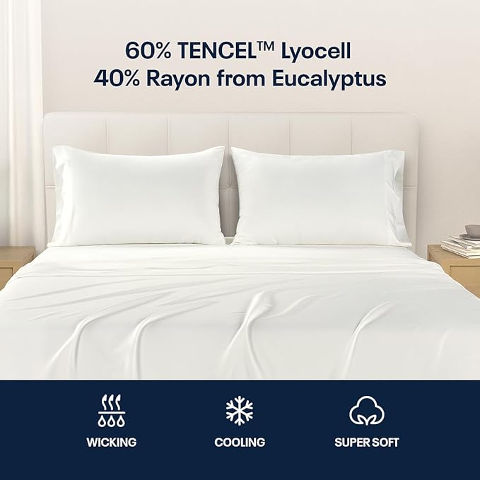 Reebok King Sheet Set from Tencel Eucalyptus - Soft, Cooling & Breathable for Hot Sleepers, Deep Pocket Up to 17 Inches, 4Pc Hotel Luxury Bedding Set, Bedsheet & Pillowcases (White, King)