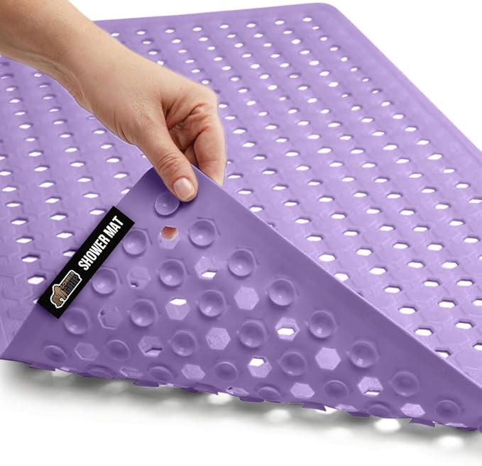 GORILLA GRIP Patented Bath Tub Shower Mat, Machine Washable Bathtub Floor Liner Mats, Suction Cups and Drain Holes to Keep Tubs Clean, Soft on Feet, Bathroom Essentials, 35x16 Inch, Purple Opaque