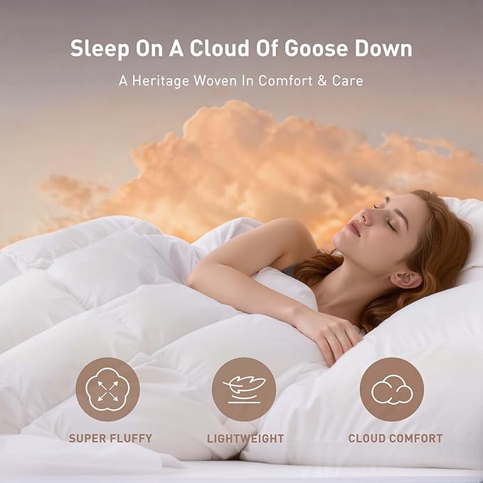 Extra Fluffy White Goose Down Comforter Queen Size - All Season Luxury Down Duvet Insert Hotel Bedding Comforters Oeko Certified 480 Thread Count High Fill Power - 90x90 Inches