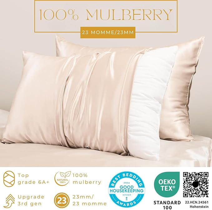 PROMEED 100% Mulberry Silk Pillowcase 2 Pack with Zipper, 23 Momme Grade 6A+ Silk Pillow Case King Size Set of 2, Cooling Pillow Cases for Hot Sleepers (King 20"x36", Champagne)