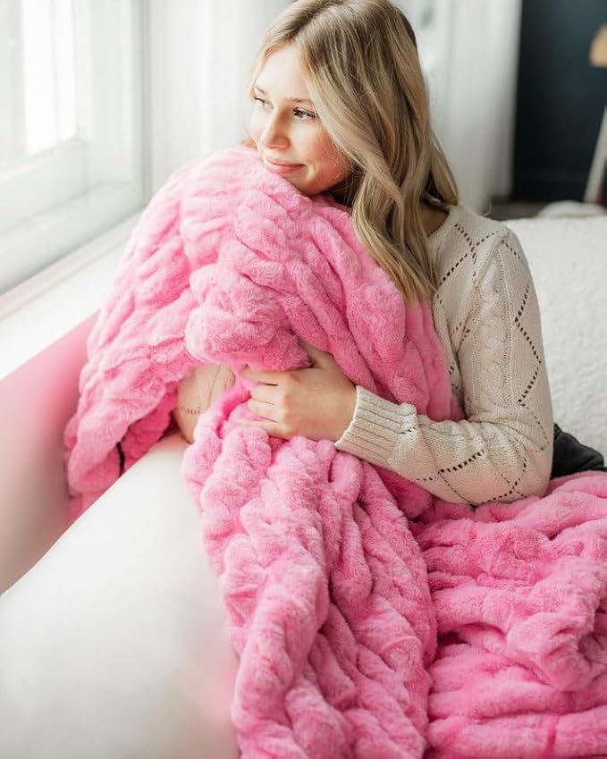 Minky Couture Hugs Blanket - Extra Plush Blanket for Premium Gifting - Stretchy Bubbled Cozy Throw - Silky Smooth - Durable & Machine-Washable - Travel-Friendly - Grande, Pink
