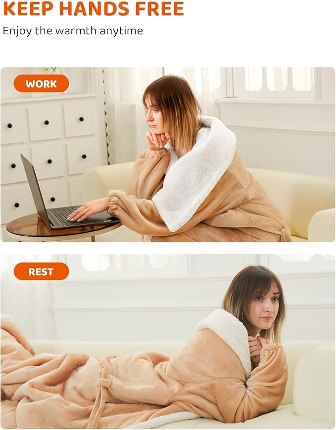 Electric Heated Blanket Throw Size with Foot Pockets & Sleeves, Soft Cozy Flannel Heating Blanket with 9 Heating Levels & 1-9 Hours Auto Off, Fast Heat & Overheat Protection, 50" x 70", Light Brown