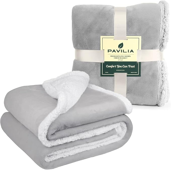 PAVILIA Sherpa Fleece Throw Blanket for Couch, Light Grey, Plush Soft Fuzzy Sofa Blanket, Cozy Reversible Winter Throw for Women Men, 50x60 Inches