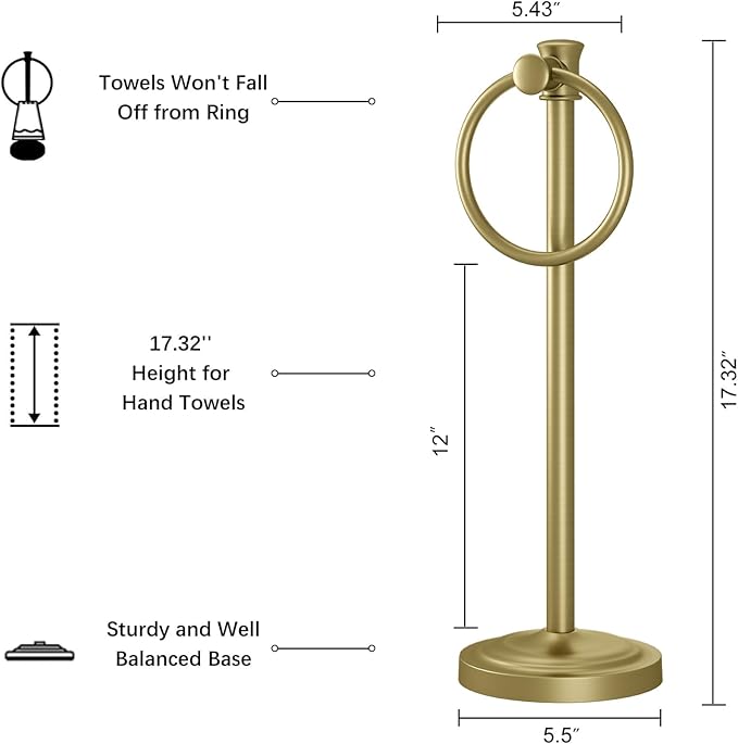 Hoimpro 17 Inch Stand Hand Towel Holder Towel Bar Towel Hanging Ring, Free Standing Floor Hand Towel Rack Storage for Bathroom Kitchen Vanity Countertops, Hardware Accessories(Brushed Gold)