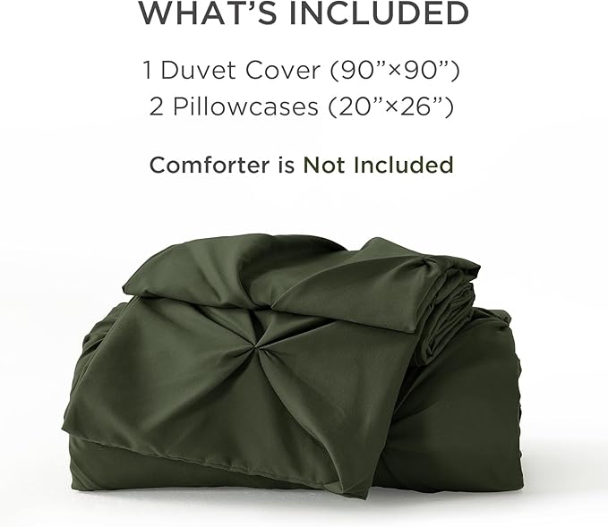 Litanika Olive Green Pinch Pleat Duvet Cover Queen, 3 Pieces Pintuck Soft Microfiber Bedding Set with Zipper Closure & Corner Ties(90x90Inch-1 Duvet Cover, 2 Pillowcases)