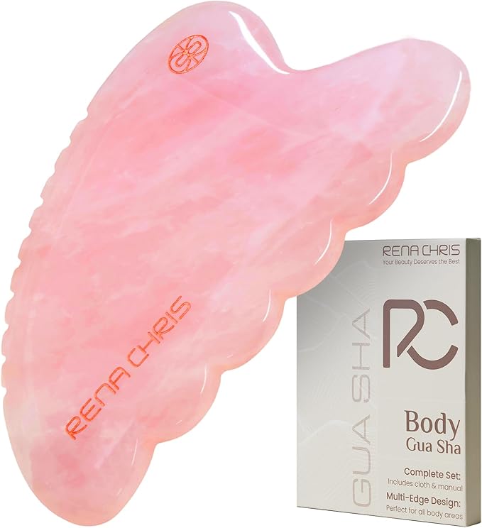 Rena Chris Body Gua Sha Tools, Natural Rose Quartz Jade Guasha Tool, Manual Massage Sticks for Jawline Sculpting and Puffiness Reducing, Whole Body Skin Care Massager (Pink)