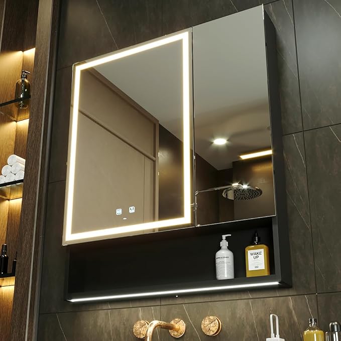 KWW LED Lighted Bathroom Medicine Cabinet with Sockets & USBs, Defogger, Dimmable, 3 Color Light Makeup Mirror, Easy to Install, Wall Mounted Cabinet (Two-Door, 30 * 34)