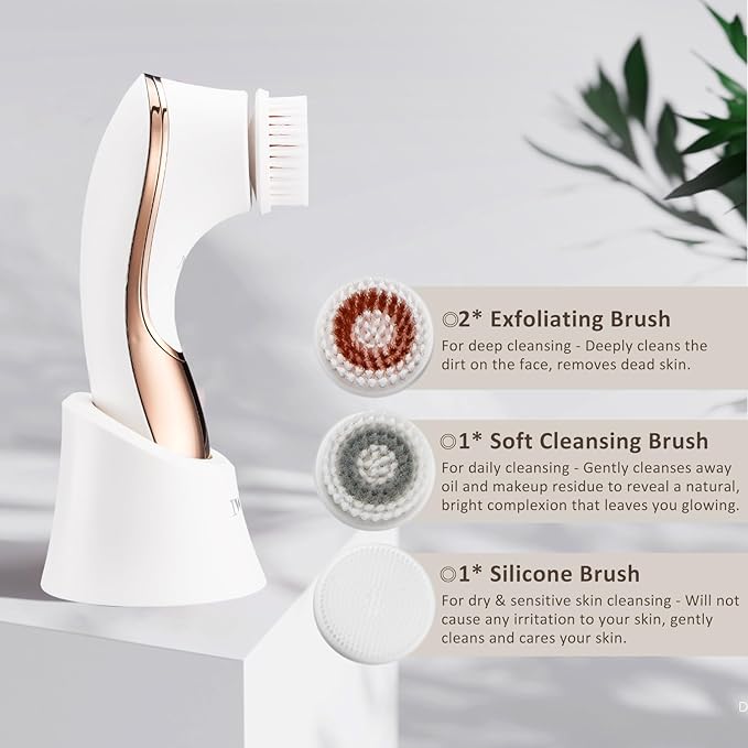 Electric Face Brush Scrubber Rechargeable Facial Exfoliator IPX-7 Waterproof Spin Cleanser Rotating Spa Machine for Exfoliating, Massaging and Deep Cleansing with 4 Brush Heads