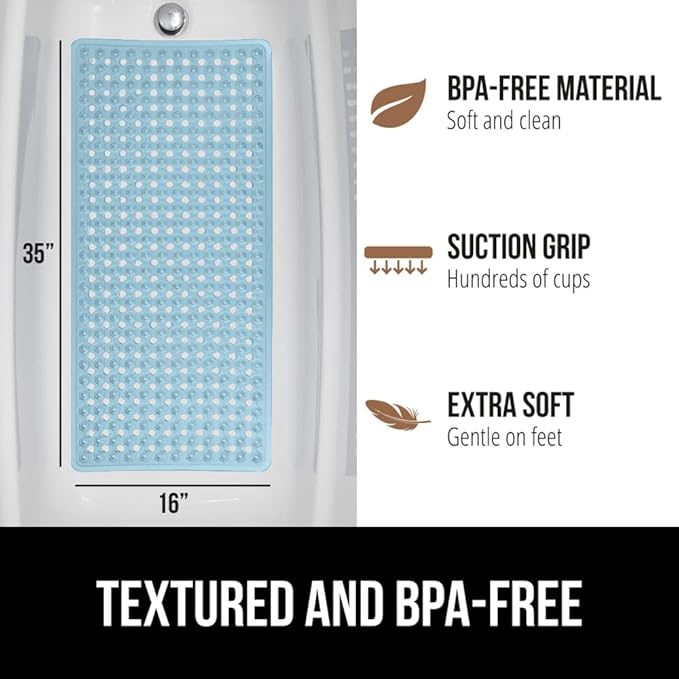 GORILLA GRIP Patented Bath Tub Shower Mat, Machine Washable Bathtub Floor Liner Mats, Suction Cups and Drain Holes to Keep Tubs Clean, Soft on Feet, Bathroom Essentials, 35x16 Inch, Clear Blue