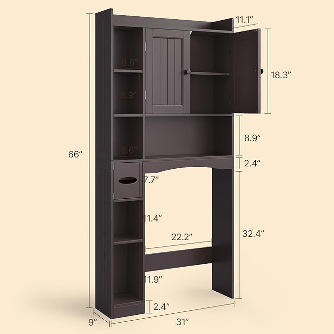 Gizoon Over The Toilet Storage Cabinet, Over Toilet Bathroom Organizer with Adjustable Shelves and 2 Doors, Over Toilet Storage Cabinet with Paper Holder, 2 Side Hooks, Space-Saver, Dark Brown