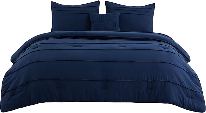 Bedsure Navy Blue California King Comforter Set - 4 Pieces Pinch Pleated Bed Set, Down Alternative Bedding Sets for All Season, Includes 1 Comforter, 2 Pillowcases, and 1 Decorative Pillow