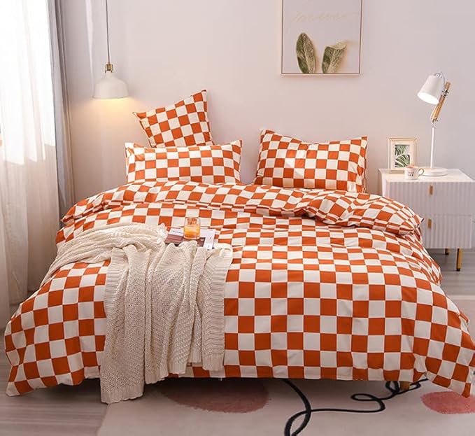 KAREVER Orange White Grid Comforter Set King Burnt Orange Plaid Bedding Set Women Reddish and White Checkered Bed Comforter Set Breathable Blanket Set Men Durable Bedding Comforter Set