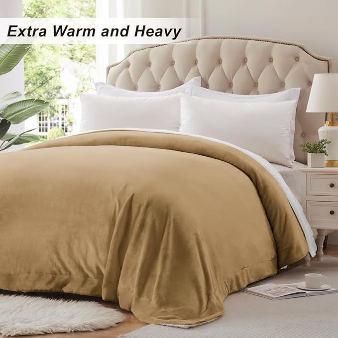 KAWAHOME Sherpa Fleece Queen Size Blanket for Bed - Extra Warm and Heavy Thick Blankets for Winter, Super Soft 500GSM Plush Blanket, 90"X 90" Camel