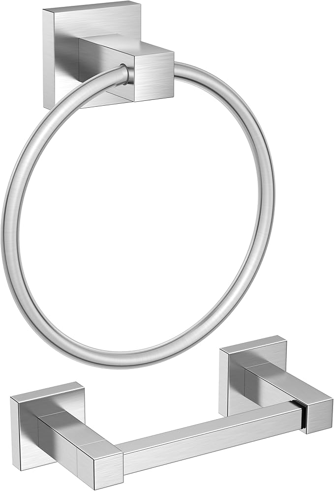 FORIOUS Toilet Paper Holder and Hand Towel Ring Set, SUS 304 Stainless Steel Double Post Pivoting Tissue Roll Holder Wall Mount, Modern Bathroom Hardware Accessories Set, Brushed Nickel