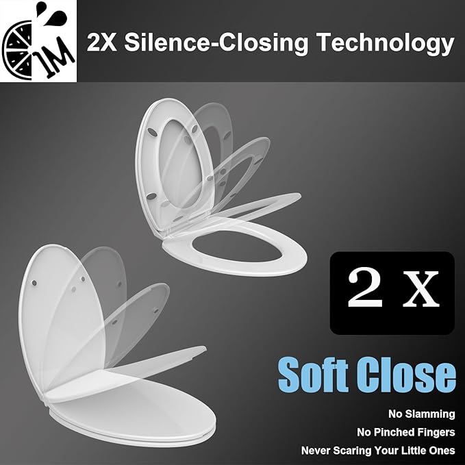 1M Family Toilet Seat, Patented Slow Close & Quick Releasing Technology, Anti-Wiggling, Easy to Install and Clean, Standard Round with Adult Seat Only (2 Pieces)