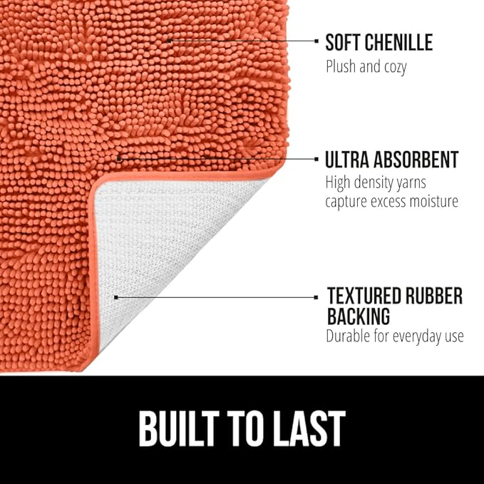 GORILLA GRIP Bath Rug Mat 60x24, Thick Soft Absorbent Chenille, Quick Dry Microfiber Mats, Rubber Backing Washable Shower Floor Rugs, Bathmat Runner, US Designed Bathroom Home Decor Accessories Coral